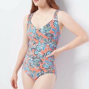 Jantzen Womens Coral Floral Paisley Surplice Wrap‎ One Piece Swimsuit Ruched 22W